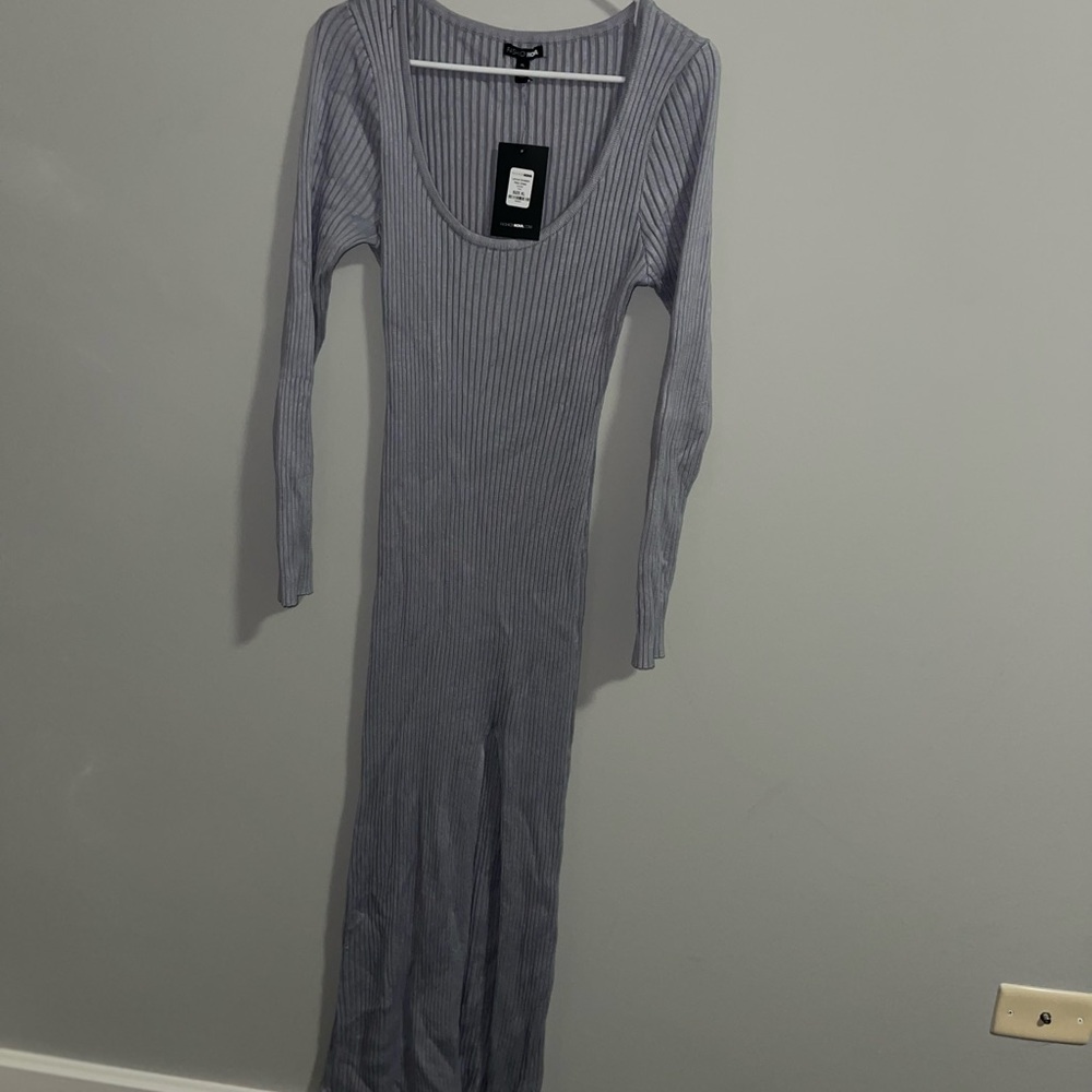 FN Gray Ribbed Maxi Sweater Dress with Slit